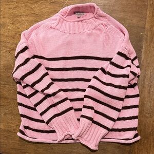 J. Crew Women's Roll Neck Sweater in Pink with Brown Stripes